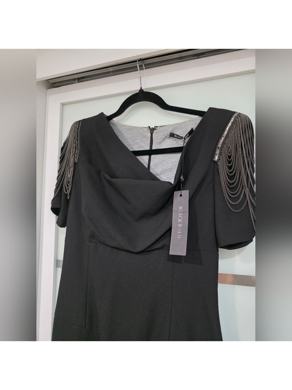 Black Halo Black Midi Dress with Chain Shoulder Detail - Picture 5 of 16